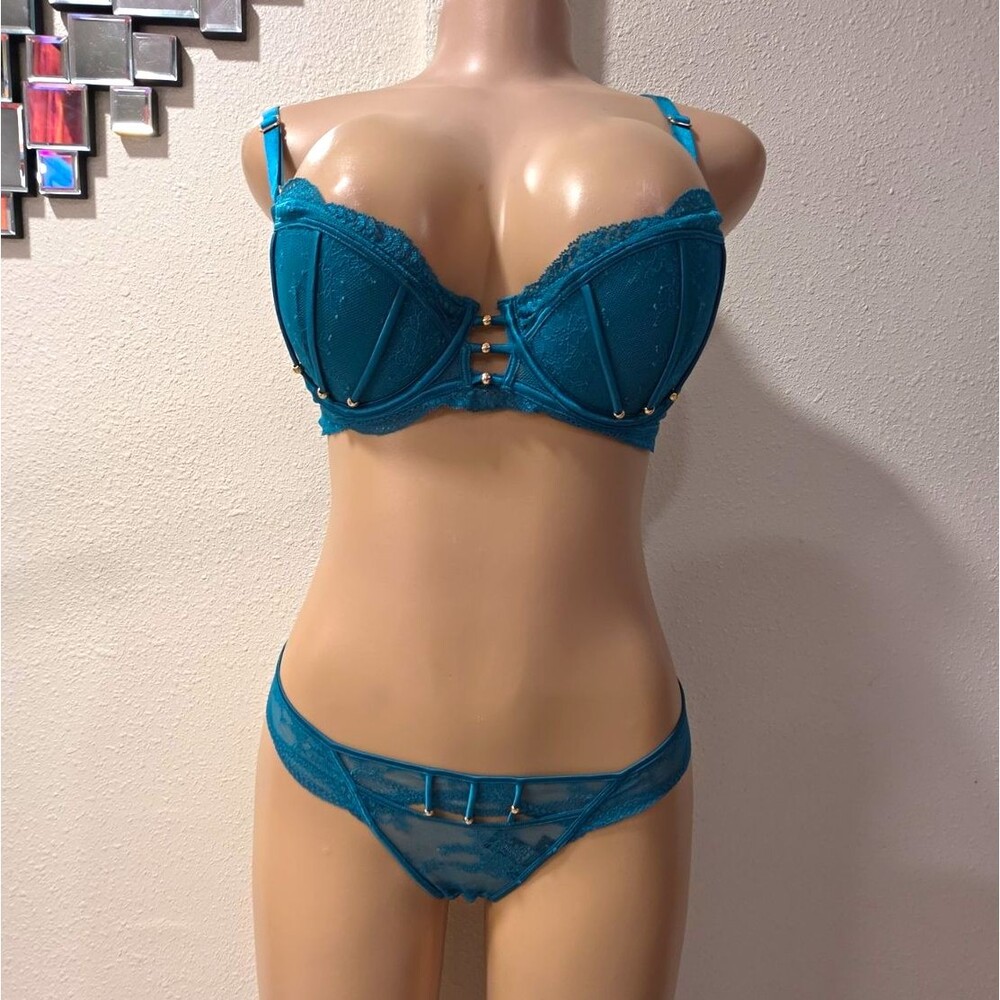 Honey Birdette Blue Lace Mesh Underwired Balconette Bra Set Adjustable 34D